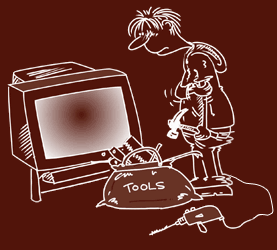 Cartoon of a man with a hammer in his left hand, drill and toolkit on the floor. He is starring into the TV with a sad look on his face.